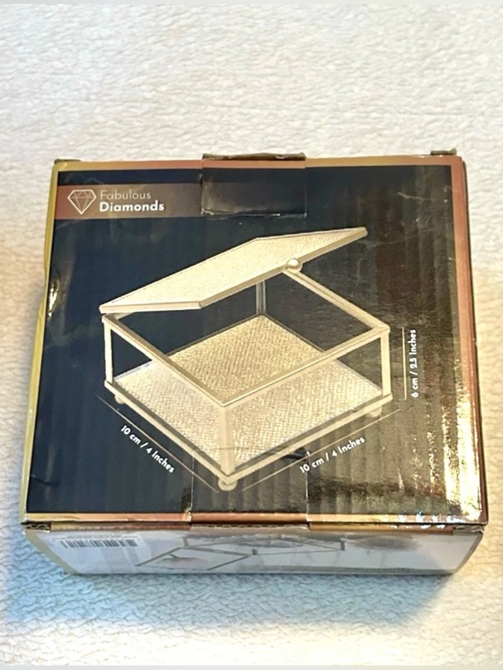 Fabulous Diamond Gold and Glass Jewelry Trinket Box Mirror 4” x 4” x 2.5” NEW